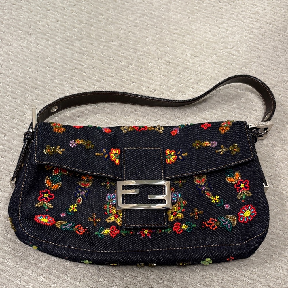 Vintage Fendi Denim Embroidered Floral Shoulder Bag with Silver Buckle